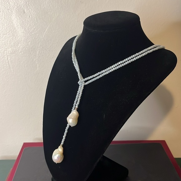 Blue Crystal Lariat Wrap Necklace with Large Organic Baroque‎ Pearls - Picture 4 of 6